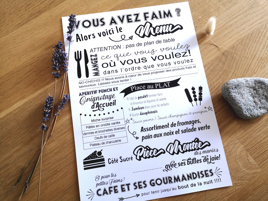 Affiche menu mariage champêtre à imprimer tête de coucou