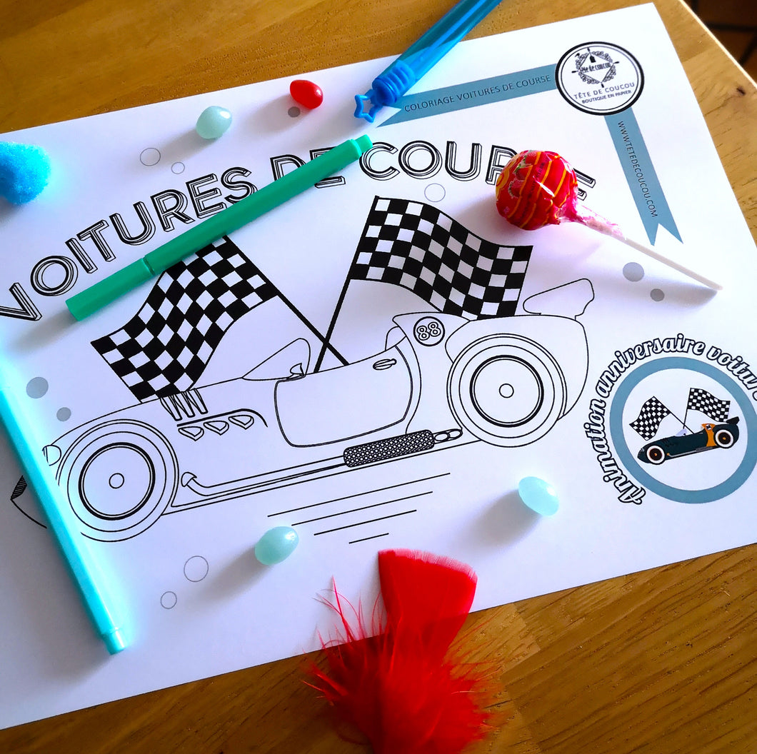 Coloriage gratuit voitures de course bolide cars animation organisation anniversaire enfant tête de coucou