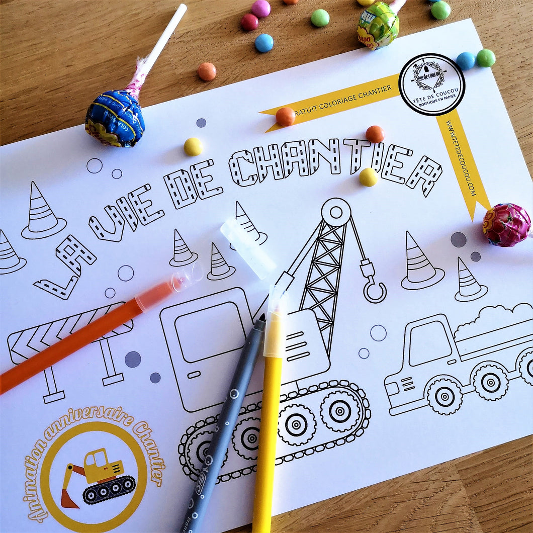 Coloriage set de table gratuit bar à bonbons kit anniversaire à imprimer enfant thème engin chantier tracto tête de couco