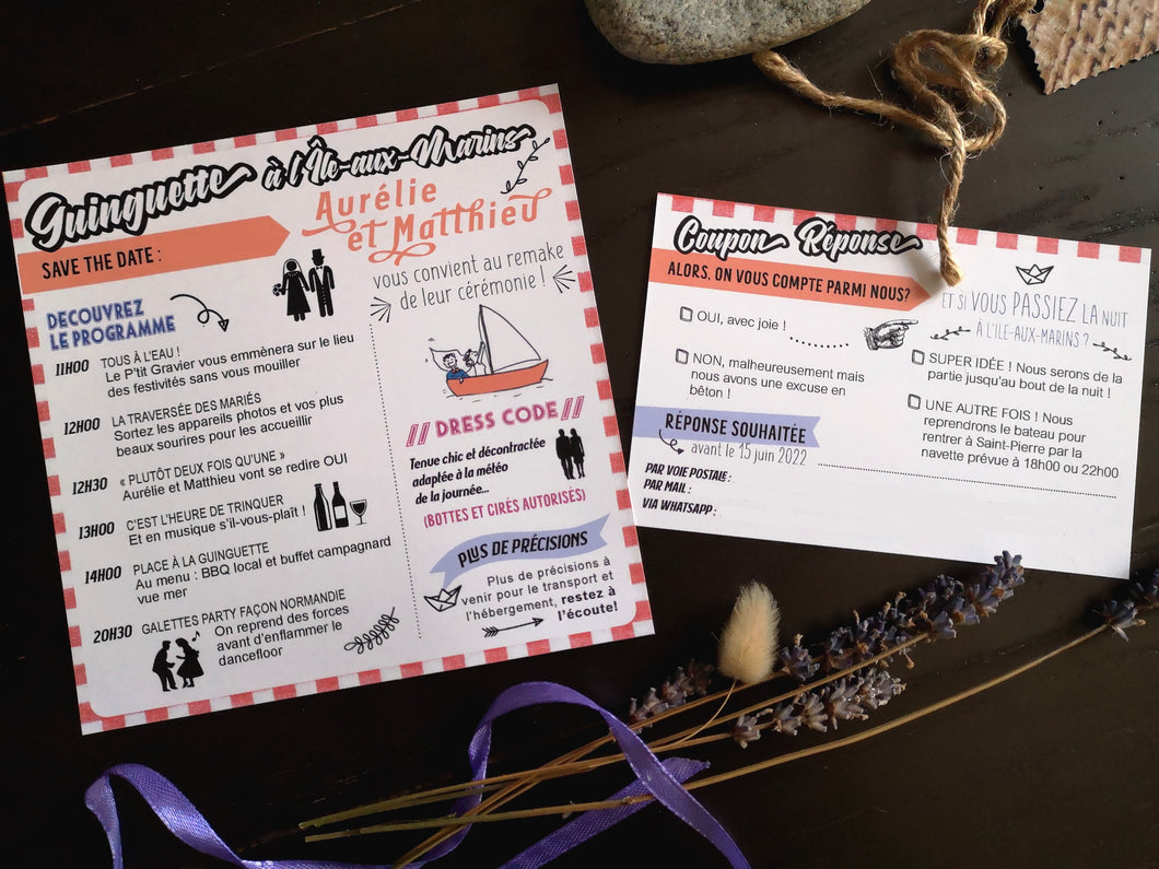 Invitation et coupon réponse mariage guinguette champêtre à imprimer tête de coucou