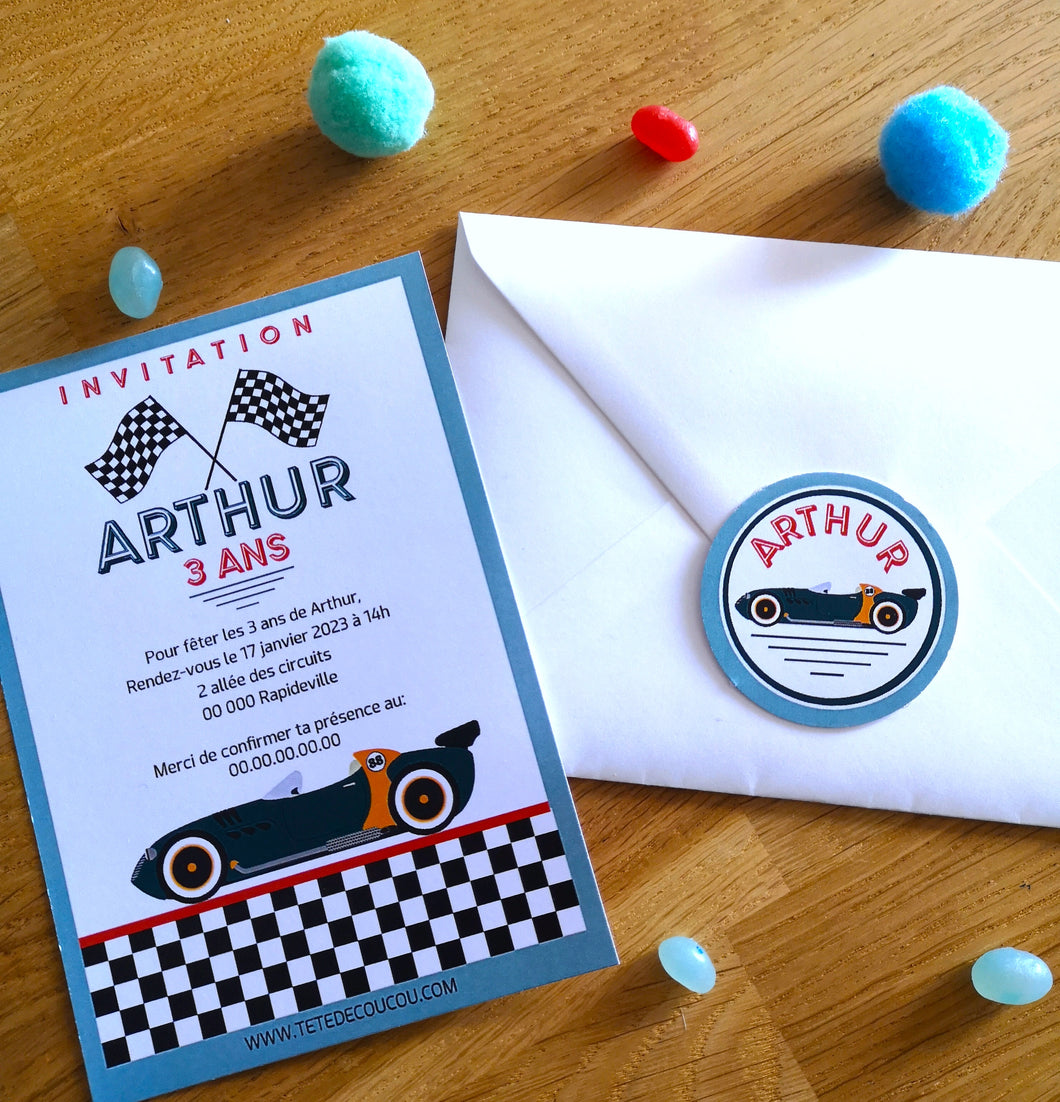 Invitations personnalisées anniversaire thème voitures de course cars bolide petit garçon à imprimer tête de coucou