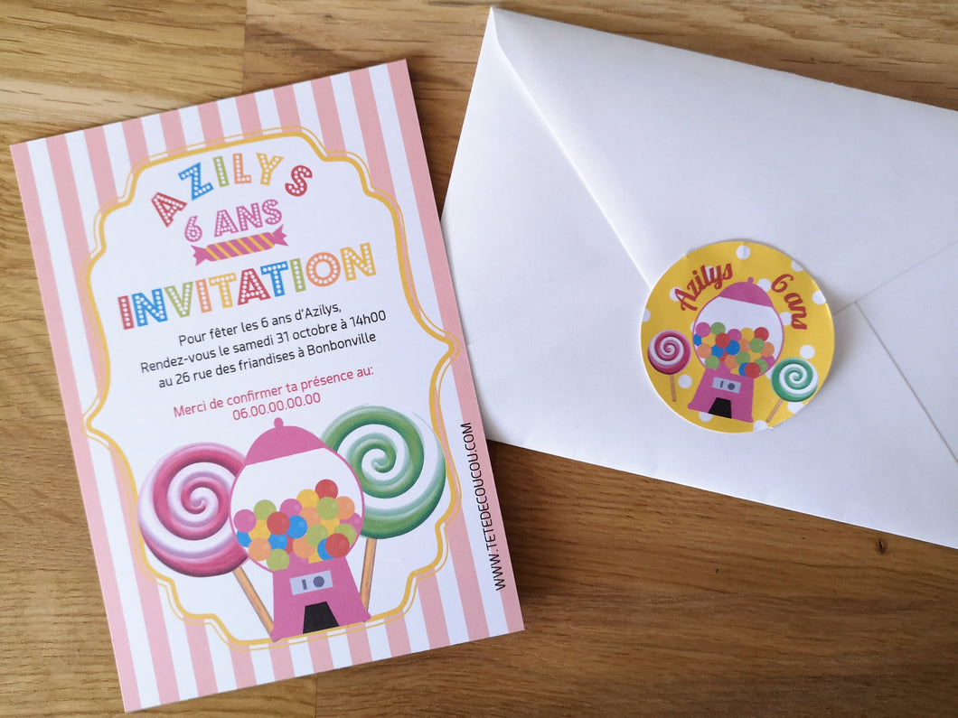 Invitations personnalisées roses fête anniversaire thème bonbons petite fille à imprimer tête de coucou