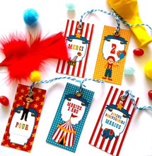 etiquettes cadeaux  personnalisées  bonbons anniversaire thème cirque enfants à imprimer tête de coucou