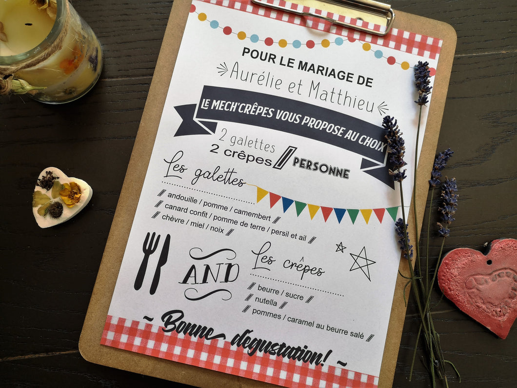 Affiche menu crêpe guinguette mariage à imprimer organisation animation tête de coucou