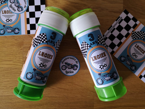 Bulles de savon personnalisées anniversaire thème moto petite garçon à imprimer tête de coucou