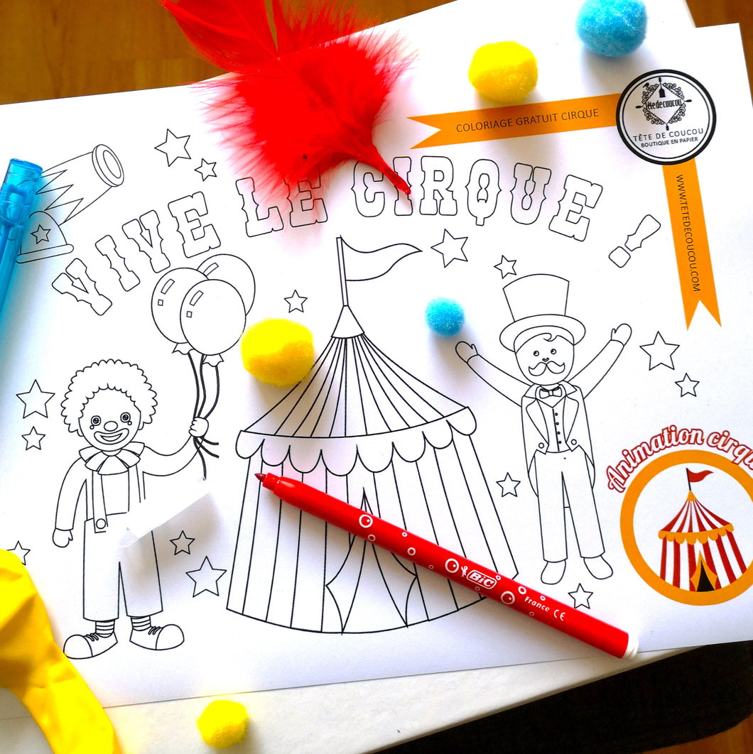 Coloriage gratuit animation anniversaire thème cirque enfants à imprimer tête de coucou