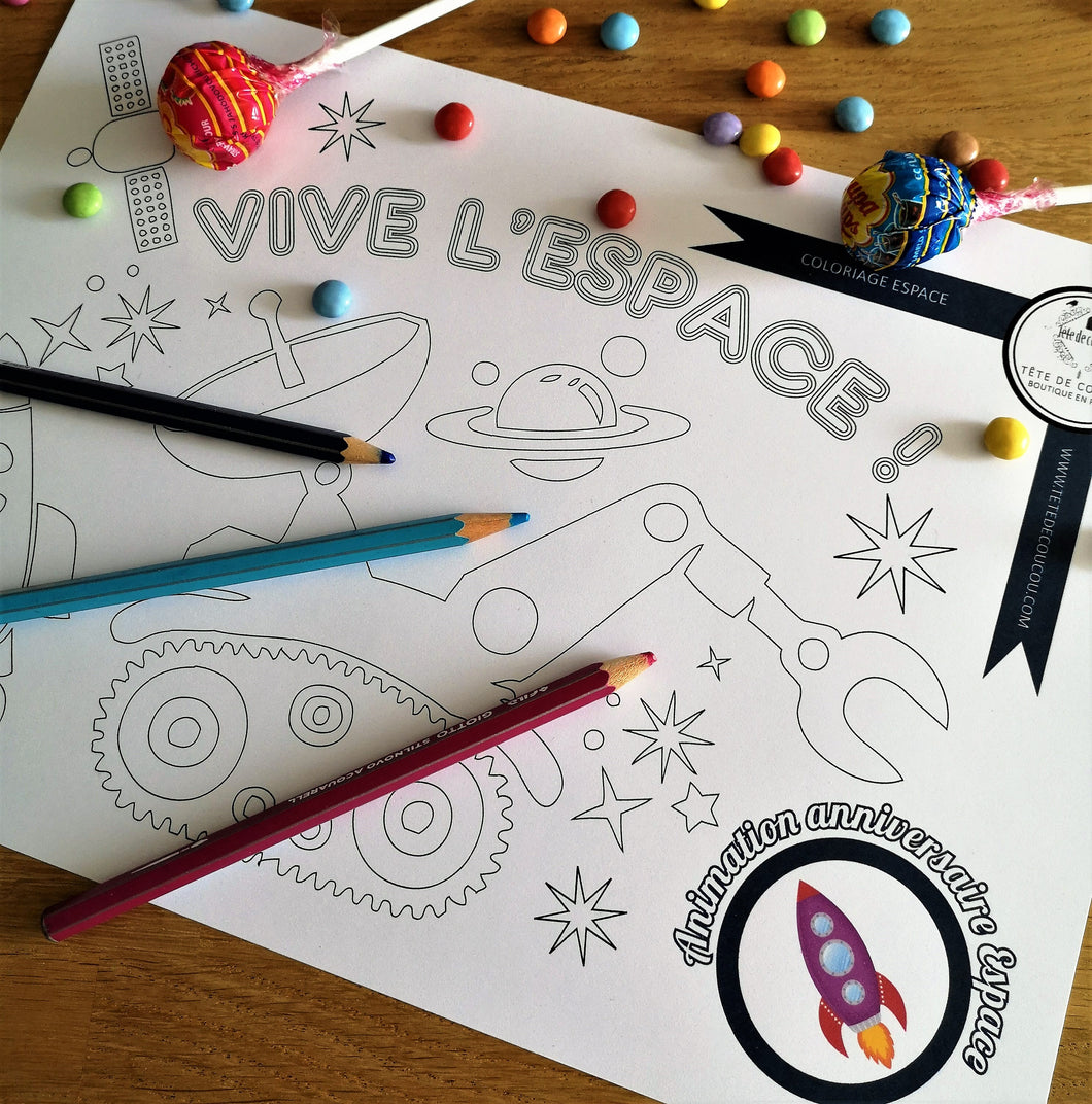 Coloriage set de table gratuit bar à bonbons kit anniversaire à imprimer enfant thème espace fusée planètes tête de coucou