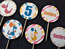 Cupcake toppers etiquettes rondes pour le gâteau anniversaire enfant thème dinosaure tête de coucou à imprimer