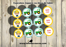 Cupcakes toppers etiquettes ronde déco anniversaire enfant garçon thème tracteur tête de coucou à imprimer printable
