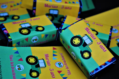 bonbons anniversaire école thème tracteur tête de coucou printable