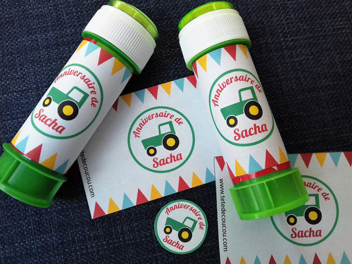 Etiquettes bulles de savon anniversaire enfant garçon thème tracteur tête de coucou à imprimer printable