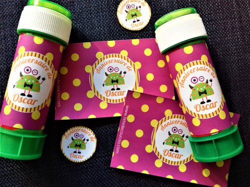 Etiquettes bulles de savon anniversaire enfant thème monstre printable à imprimer Tête de coucou