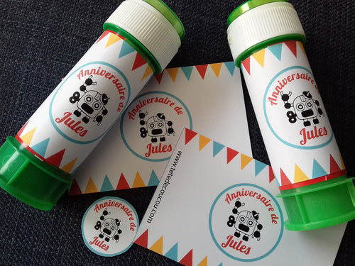 Etiquettes bulles de savon cadeau anniversaire enfant garçon thème robot à imprimer tête de coucou