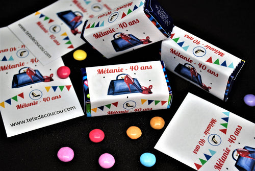 Etiquettes smarties à imprimer anniversaire sac à main tête de coucou