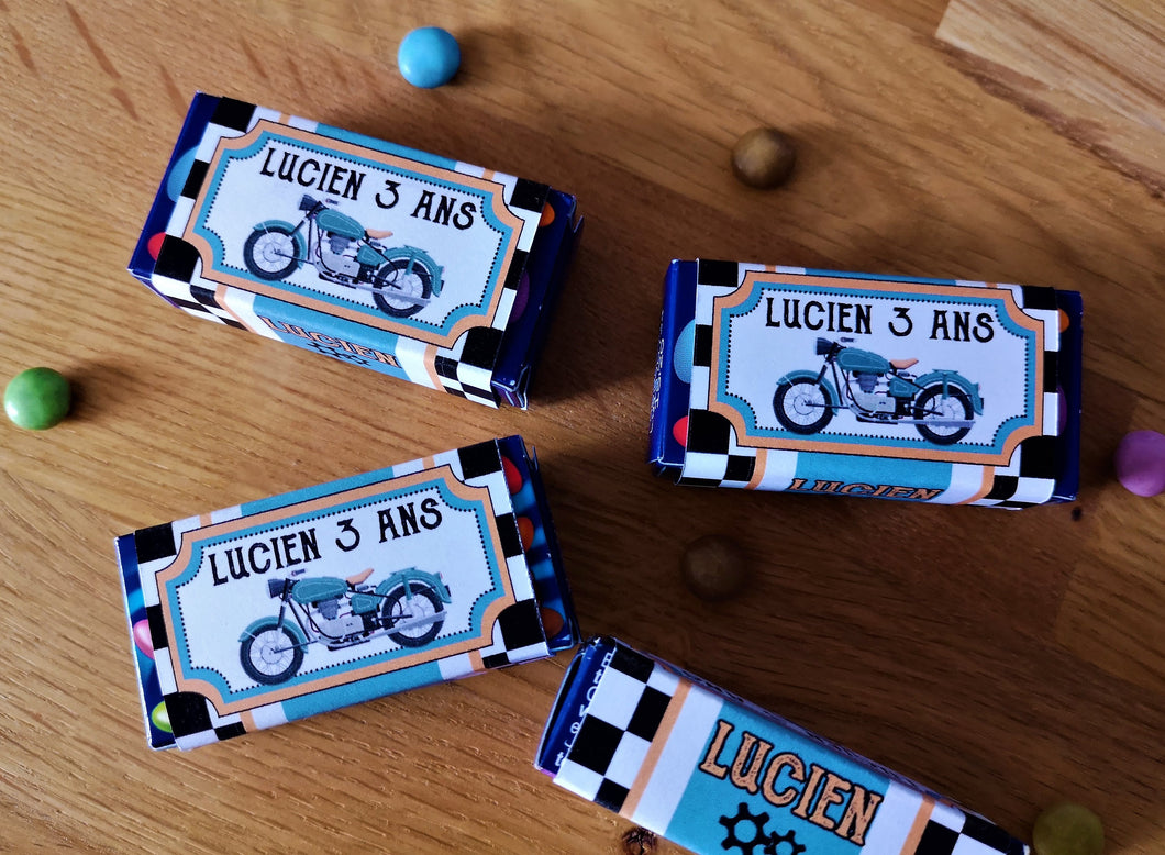 Etiquettes mini smarties personnalisées  anniversaire thème moto petite garçon à imprimer tête de coucou
