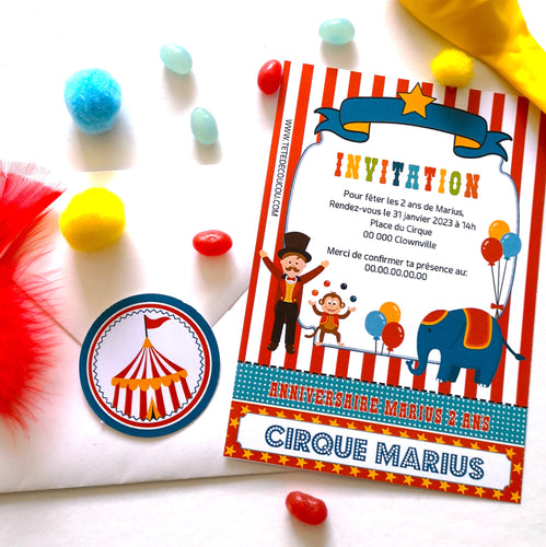 Invitations personnalisées  bonbons anniversaire thème cirque enfants à imprimer tête de coucou