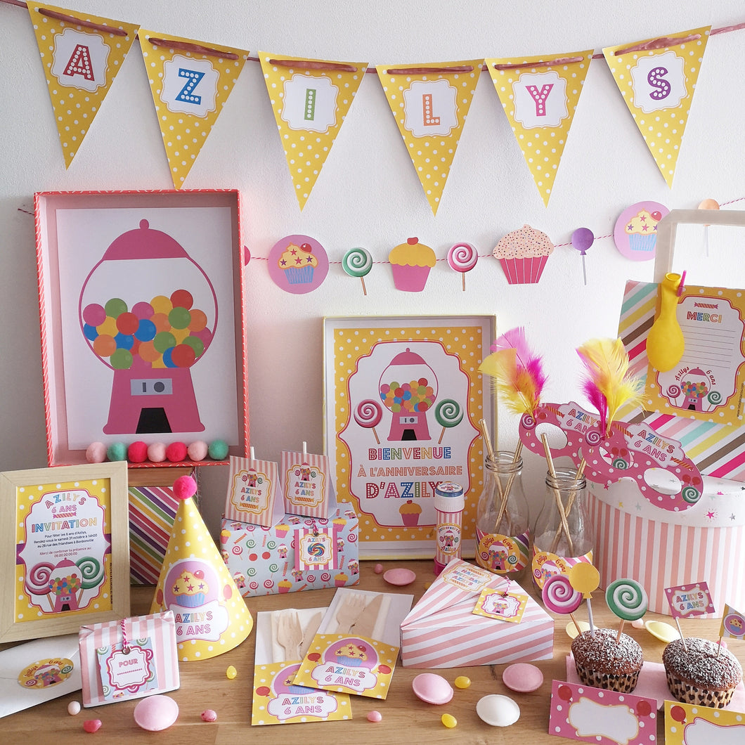 Kit anniversaire personnalisé thème bonbons fille à imprimer tête de coucou banderole invitations scrapbooking organisation fêt