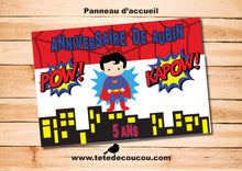 Kit anniversaire garçon thème Super Héros pancarte d'accueil A4 à imprimer printable tête de coucou batman, superman, spiderman