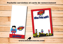 Kit anniversaire garçon thème Super Héros pochettes à serviette et carte de remerci à imprimer printable tête de coucou batman, superman, spiderman