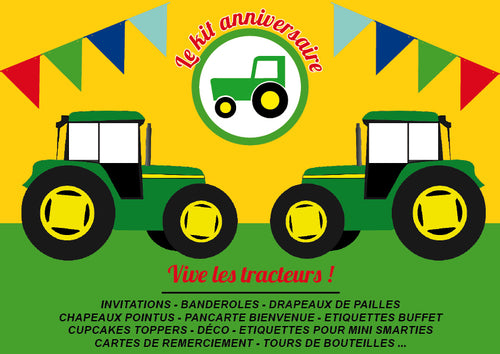pack anniversaire thème tracteur enfant garçon à imprimer déco invitations banderole cupcakes toppers tête de coucou