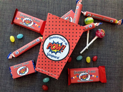 Pack anniversaire bonbons thème super-héros distribuer école à imprimer Tête de coucou batman, superman, spiderman