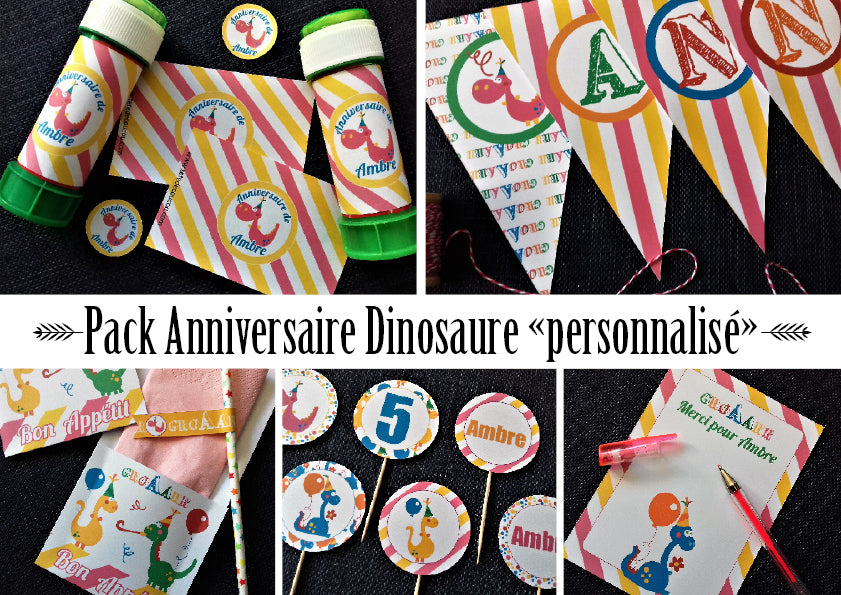 Pack anniversaire enfant garçon fille thème dinosaure personnalisé décoration cadeaux invités copains invitations banderoles à imprimer tête de coucou