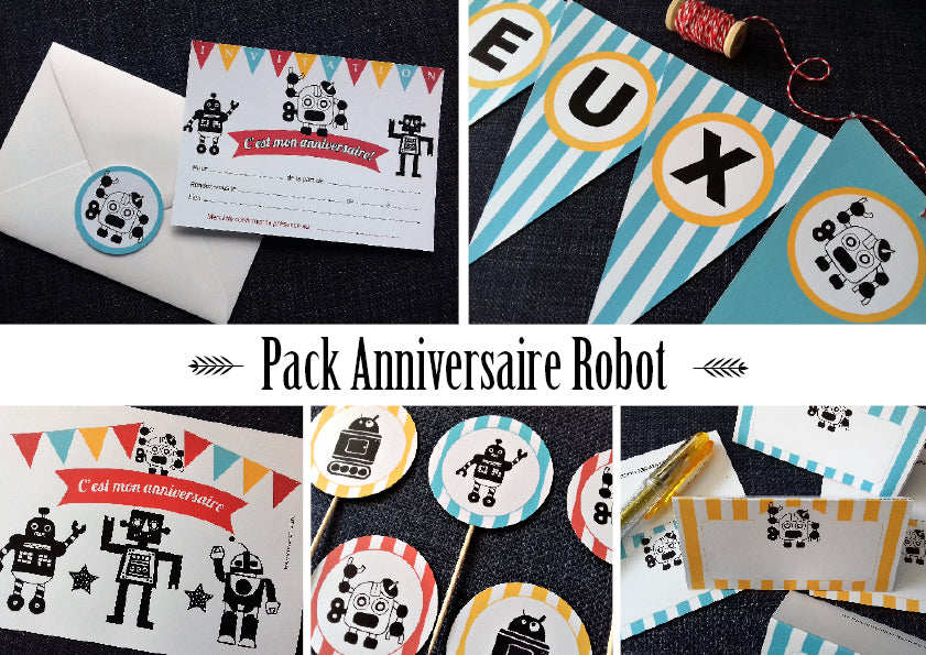 pack anniversaire thème robot enfant garçon à imprimer déco invitations banderole cupcakes toppers tête de coucou