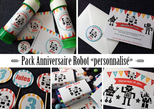 Pack anniversaire enfant garçon thème robot personnalisé décoration cadeaux invités copains invitations banderoles à imprimer tête de coucou