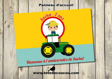 Pancarte affiche bienvenue anniversaire enfant garçon thème tracteur tête de coucou à imprimer printable