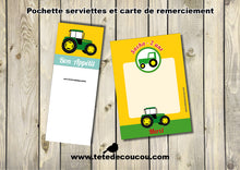 Pochette serviette carte remerciement anniversaire enfant garçon thème tracteur tête de coucou à imprimer printable