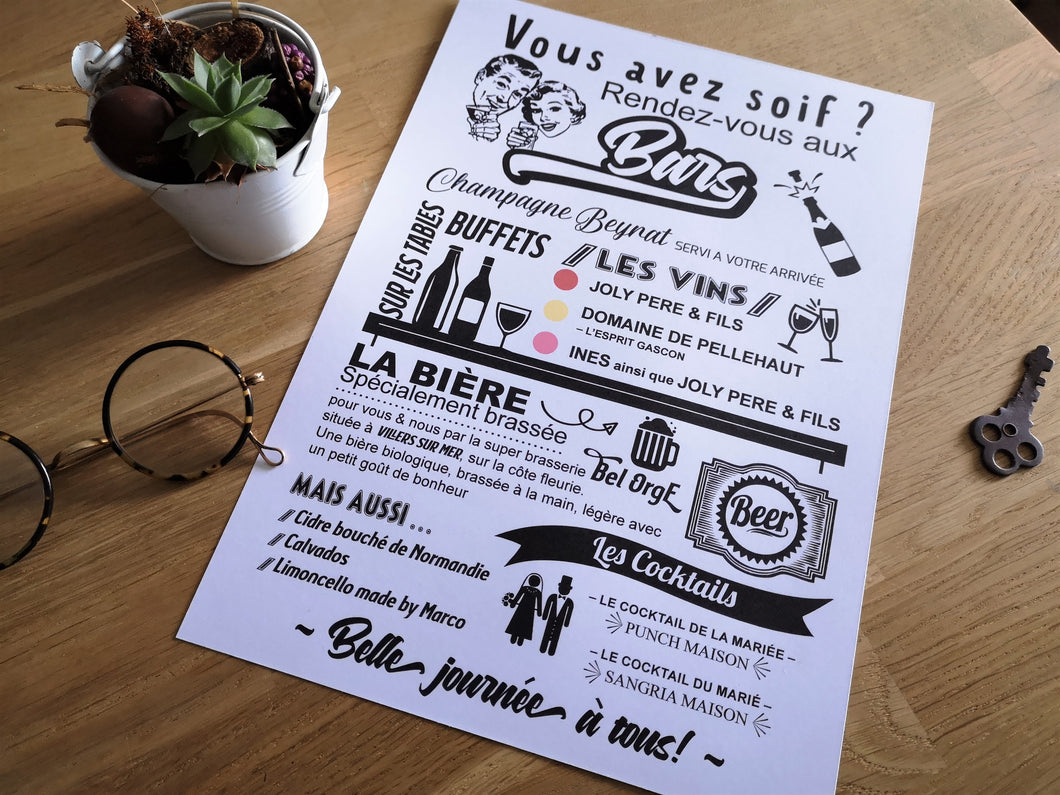 Poster affiche menu boissons mariage vintage champêtre à imprimer tête de coucou