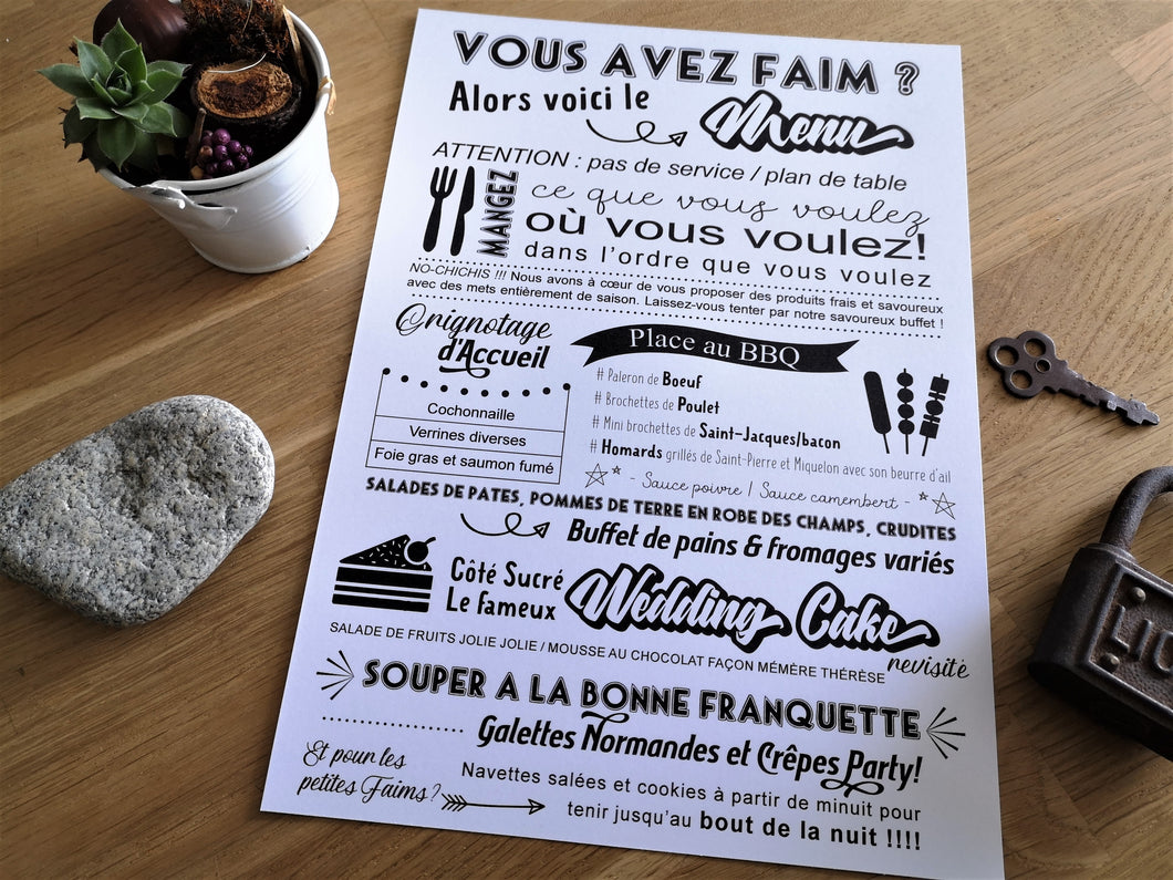 Poster affiche menu mariage vintage champêtre à imprimer tête de coucou