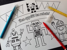 Set de table à colorier anniversaire enfant garçon thème robot à imprimer tête de coucou