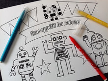 Set de table à colorier anniversaire enfant garçon thème robot personnalisé à imprimer tête de coucou
