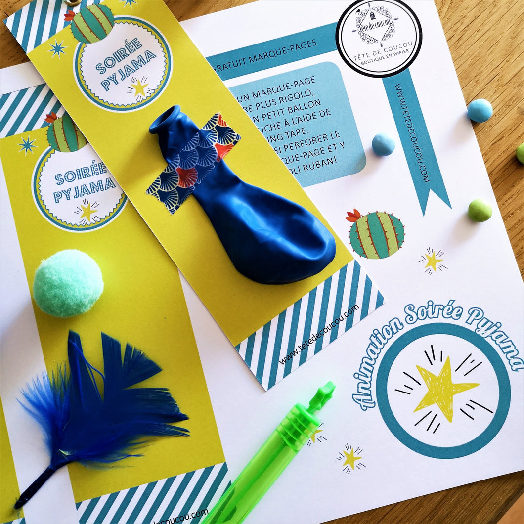 Soirée pyjama kit à imprimer bleu garçon déco cadeau invités marque page invitation cactus copines pop corn animation bar à bonbons tête de coucou