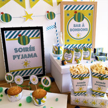 Soirée pyjama kit à imprimer bleu vert garçon déco affiches invitation cactus copains pop corn animation bar à bonbons tête de coucou