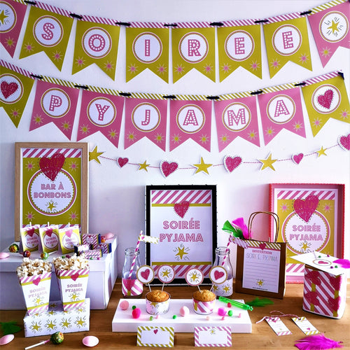 Soirée pyjama kit à imprimer rose fille déco invitation animation bar à bonbons tête de coucou