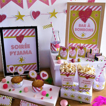 Soirée pyjama kit à imprimer rose fille déco affiches invitation coeur copines pop corn animation bar à bonbons tête de coucou