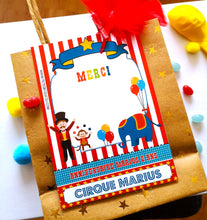 cartes remerciement personnalisées  bonbons anniversaire thème cirque enfants à imprimer tête de coucou