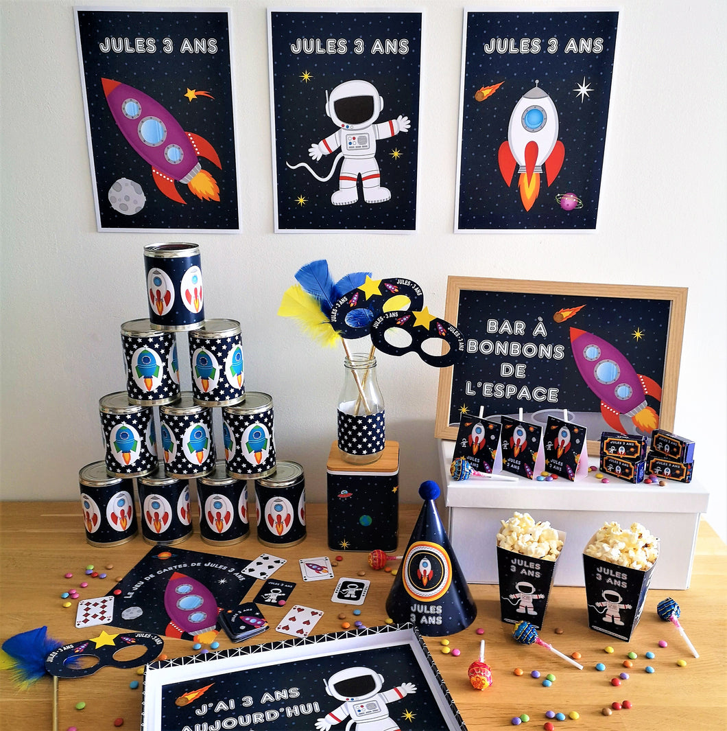 kit anniversaire à imprimer enfant thème espace fusée planètes tête de coucou décoration invitations organisations fête