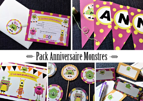 pack anniversaire thème gentils monstr enfant garçon à imprimer déco invitations banderole cupcakes toppers tête de coucou