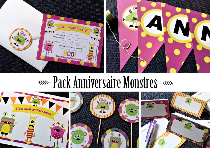 pack anniversaire thème gentils monstr enfant garçon à imprimer déco invitations banderole cupcakes toppers tête de coucou